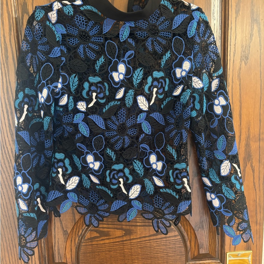 Self-Portrait Blue and Black Floral Lace Blouse